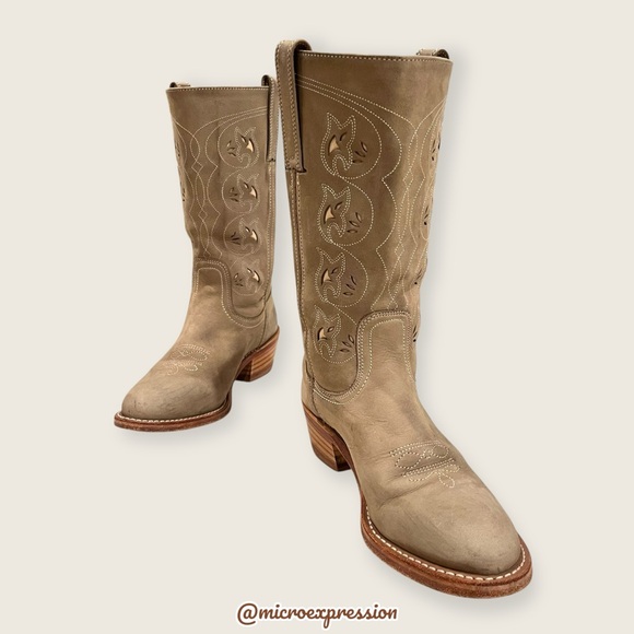 1980s VINTAGE Frye Austin Tan Leather Floral Embroidered Cowboy Western Boot - Picture 5 of 16